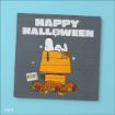 Snoopy sleeps on top of his orange doghouse surrounded by pumpkins and autumn leaves. Above him, "HAPPY HALLOWEEN" is written, with the "O" replaced by a Z. A sign next to the doghouse reads "BOO!.