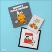 Three Peanuts-themed holiday illustrations: Snoopy on a doghouse with "Happy Halloween", Sally with a "Welcome Great Pumpkin" sign, and Lucy and Snoopy at a "Thanksgiving Pies 5¢" pumpkin stand, all on a blue background.