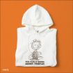 A white hooded sweatshirt with a black line drawing of a messy character and the text "THE WORLD NEEDS MESSY PEOPLE!" printed below, laid flat on an orange background.