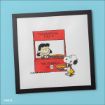 A framed illustration shows Lucy selling pumpkin pies at a red stand for 5 cents while Snoopy, dressed as a pilgrim, holds a pie. A sign reads, “THANKSGIVING PIES 5¢. THE PUMPKIN IS IN.”.