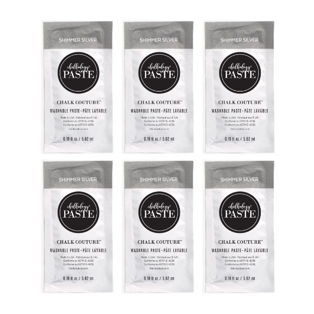 Six packets of Chalk Couture Shimmer Silver washable paste, each with a black circular label and white text, arranged in two rows of three on a white background.