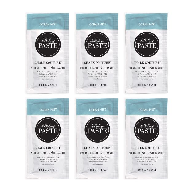 Six single-use packets of Chalk Couture washable paste in the color "Ocean Mist" are arranged in two rows of three on a white background. Each packet is labeled with product and brand information.