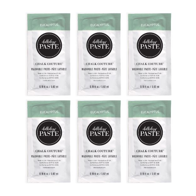 Six packets of Chalk Couture washable paste in eucalyptus scent are arranged in two rows of three. Each white and green packet displays the product name and contains 0.19 fl oz (5.62 ml) of paste.