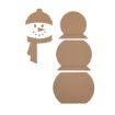 Five brown cardboard cutouts forming parts of a snowman: a hat and scarf with face, a head, a middle section, and a large base section, all arranged on a white background.