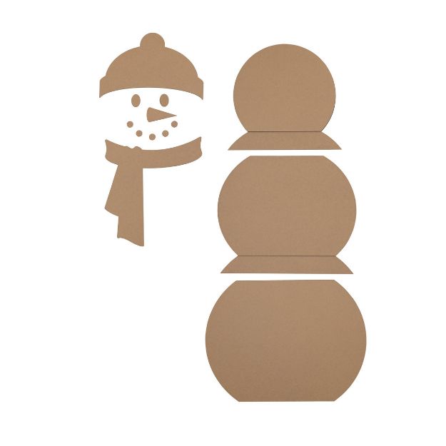 Five brown cardboard cutouts forming parts of a snowman: a hat and scarf with face, a head, a middle section, and a large base section, all arranged on a white background.