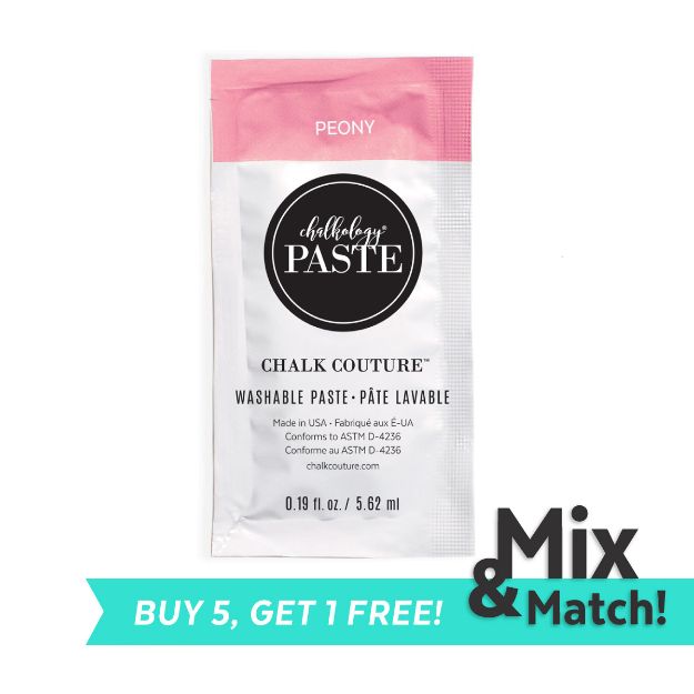 A pink and white packet of Chalkology Chalk Couture washable paste in Peony color. Text reads "Mix & Match! Buy 5, get 1 free!" on a teal banner at the bottom right corner.
