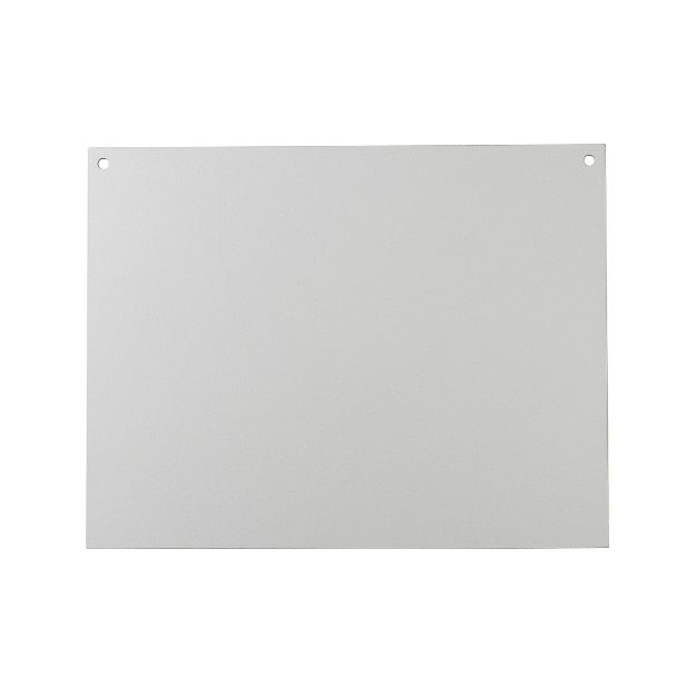 A plain, rectangular, light gray metal plate with two small holes near the top corners, set against a white background.