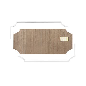 Show details for French Corner Plaque A rectangular wooden board with curved ends sits on a white background. Four white L-shaped brackets and six small cream-colored tiles are arranged on the board’s upper right corner.