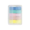 A plastic case containing five rows of pastel-colored sticky notes in blue, green, pink, peach, and yellow, organized neatly on a white background.