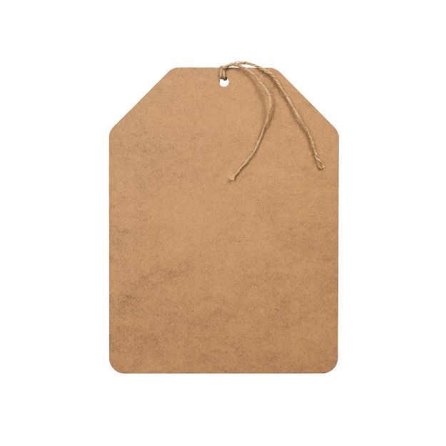 A blank brown paper tag with clipped top corners and a twine string tied through a hole at the top, isolated on a white background.