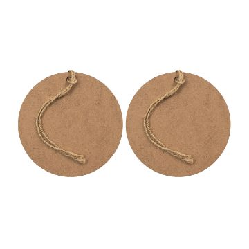 Show details for Simple Circle With Twine (2-Pack, 5") Two round, brown cardboard tags with holes at the top, each threaded with a looped piece of twine for hanging, displayed side by side on a white background.