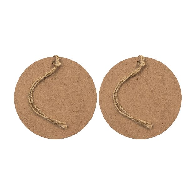 Two round, brown cardboard tags with holes at the top, each threaded with a looped piece of twine for hanging, displayed side by side on a white background.