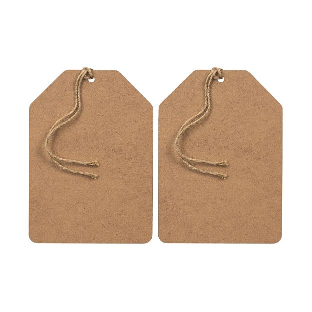 Two blank brown kraft paper tags with twine loops, placed side by side on a white background.