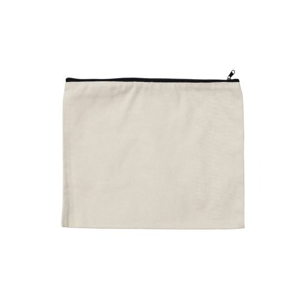 A plain, rectangular beige fabric pouch with a black zipper at the top, displayed against a white background.