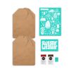 Flat lay of craft kit including two blank wooden boards with strings, a turquoise stencil sheet with mushroom illustrations, a "Sweater Weather" stencil, two paint packets, and a small turquoise paint block.