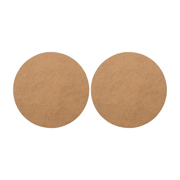Two round, flat, brown cork coasters placed side by side on a white background.