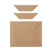 A rectangular piece of brown cardboard lies flat, with two matching trapezoid-shaped cardboard pieces placed above it, all on a white background.