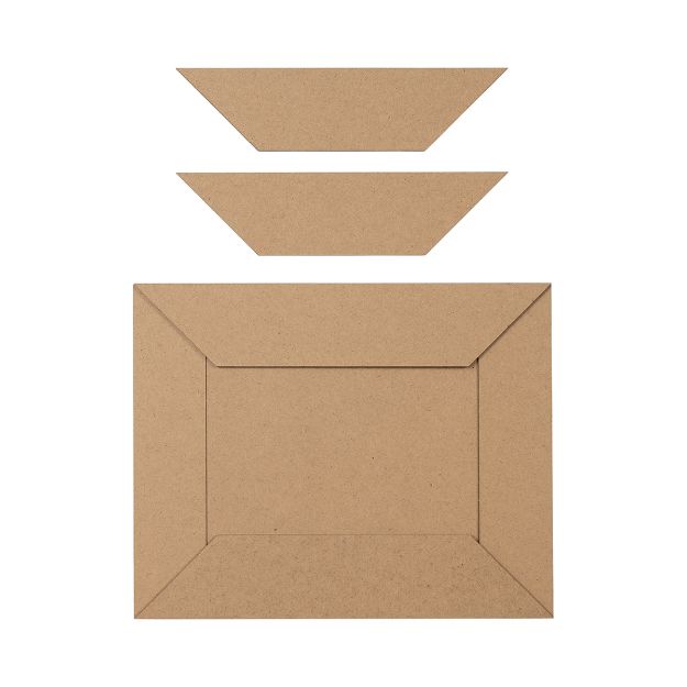 A rectangular piece of brown cardboard lies flat, with two matching trapezoid-shaped cardboard pieces placed above it, all on a white background.