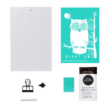 Show details for Night Owl Try-Me Kit A craft kit with a white wooden board, turquoise stencil featuring an owl and “NIGHT OWL” text, black chalk paste packet, small squeegee, white chalk, black knob, and black metal clip.