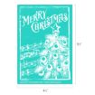 Turquoise and white graphic featuring "Merry Christmas" text, a decorated Christmas tree with a star, and musical notes in the background. The image measures 6½" tall by 4½" wide.