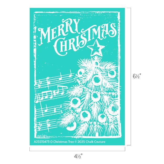Turquoise and white graphic featuring "Merry Christmas" text, a decorated Christmas tree with a star, and musical notes in the background. The image measures 6½" tall by 4½" wide.