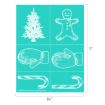 A turquoise sheet features white sketches of a Christmas tree, a gingerbread person, two mittens, and two candy canes, divided into six sections. Dimensions are 8.5 by 11 inches.