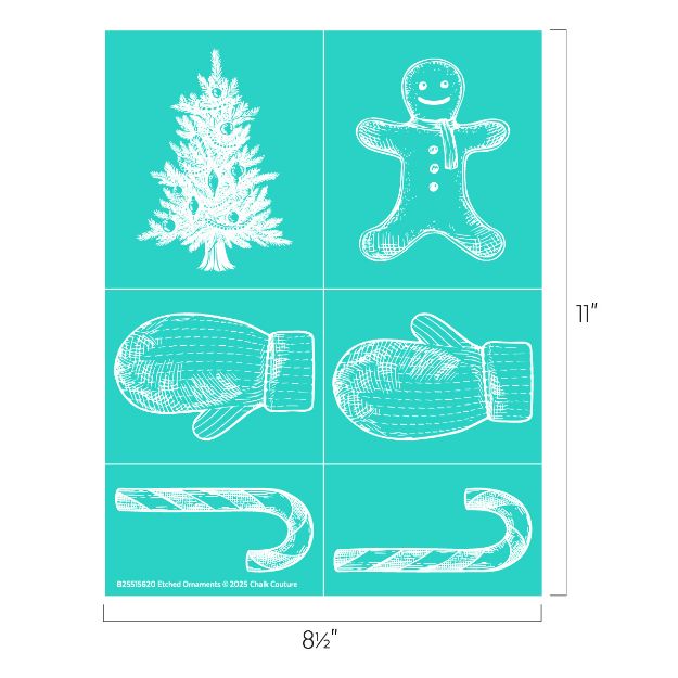 A turquoise sheet features white sketches of a Christmas tree, a gingerbread person, two mittens, and two candy canes, divided into six sections. Dimensions are 8.5 by 11 inches.