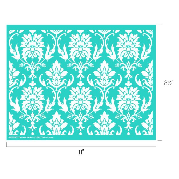 A rectangular stencil with a white damask floral pattern on a teal background, measuring 8.5 inches tall by 11 inches wide.