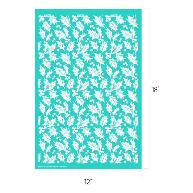 A stencil sheet measuring 12 by 18 inches features a repeating pattern of white holly leaves and berries on a teal background.