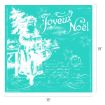 Vintage-style illustration of Santa Claus holding gifts with “Joyeux Noël” written in large script above. Snowflakes and handwritten text decorate the turquoise background. Image dimensions are 18 by 18 inches.
