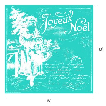 Show details for Joyeux Noel Vintage-style illustration of Santa Claus holding gifts with “Joyeux Noël” written in large script above. Snowflakes and handwritten text decorate the turquoise background. Image dimensions are 18 by 18 inches.