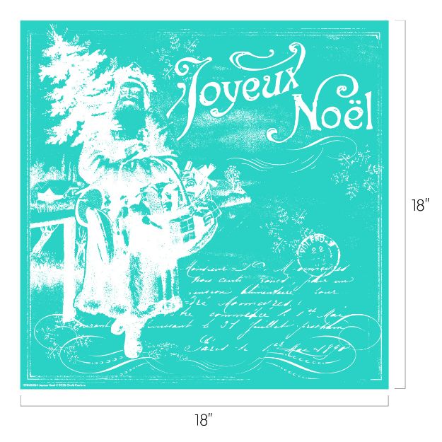 Vintage-style illustration of Santa Claus holding gifts with “Joyeux Noël” written in large script above. Snowflakes and handwritten text decorate the turquoise background. Image dimensions are 18 by 18 inches.