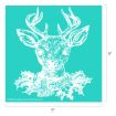 White line drawing of a reindeer head with antlers and holly leaves around its neck on a turquoise background. The image is square, measuring 9 by 9 inches.
