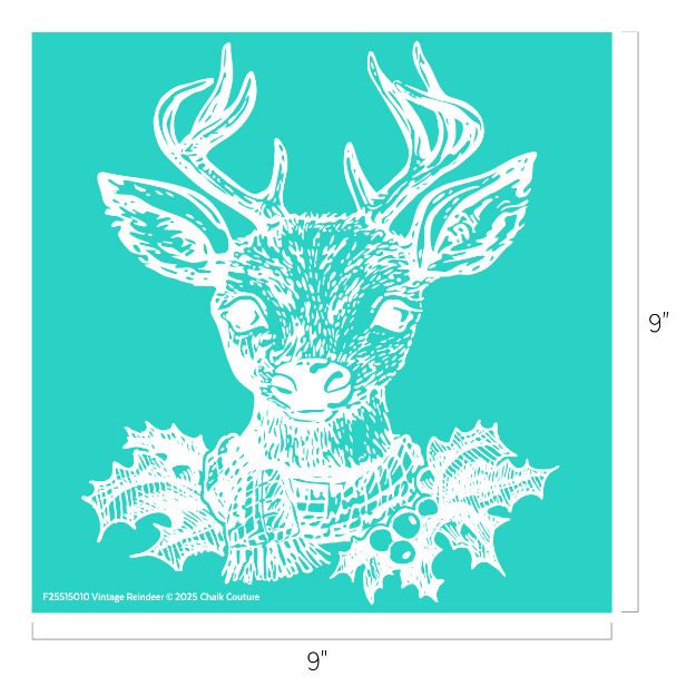 White line drawing of a reindeer head with antlers and holly leaves around its neck on a turquoise background. The image is square, measuring 9 by 9 inches.