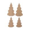 Four flat, brown cardboard cutout pieces shaped like Christmas trees, each with a vertical slit in the center, arranged on a white background.