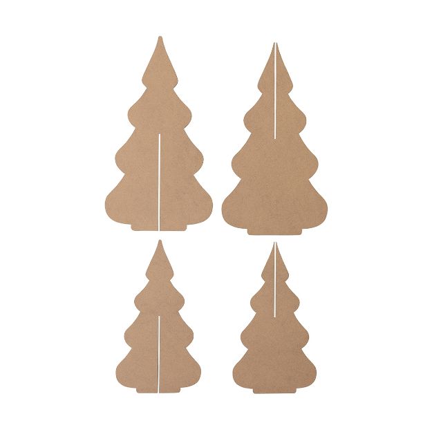 Four flat, brown cardboard cutout pieces shaped like Christmas trees, each with a vertical slit in the center, arranged on a white background.