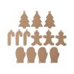A set of brown cardboard cutouts in holiday shapes, including Christmas trees, candy canes, gingerbread people, and mittens, each with a hole for hanging.