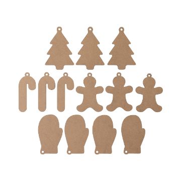 Show details for Classic Ornaments (13-Pack) A set of brown cardboard cutouts in holiday shapes, including Christmas trees, candy canes, gingerbread people, and mittens, each with a hole for hanging.