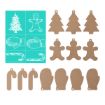 Brown cardboard cutouts shaped like gingerbread people, Christmas trees, mittens, and candy canes, alongside a teal stencil sheet with white holiday-themed drawings of the same shapes.