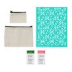 Two plain zippered fabric pouches, a teal stencil sheet with white floral and bow patterns, and two small packets of chalk couture ink in green and pink are displayed on a white background.