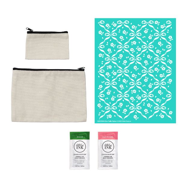Two plain zippered fabric pouches, a teal stencil sheet with white floral and bow patterns, and two small packets of chalk couture ink in green and pink are displayed on a white background.
