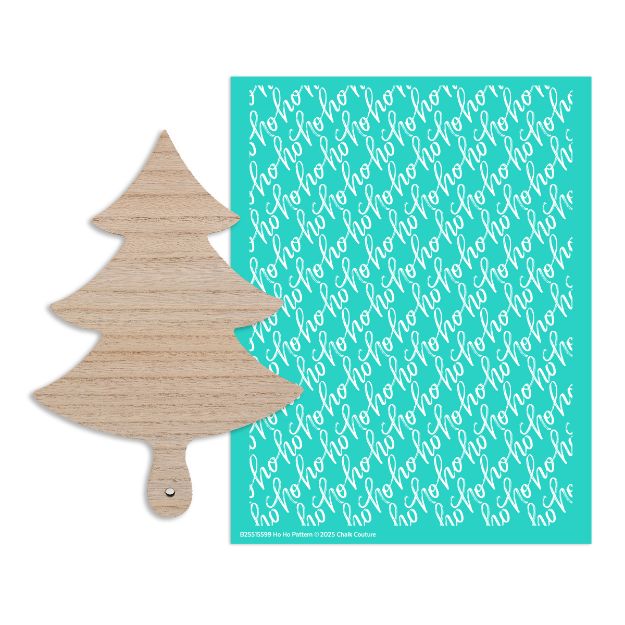 A wooden Christmas tree cutout is shown next to a turquoise stencil featuring a repeated white "ho ho ho" script pattern.