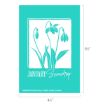 A turquoise card features a white sketch of three drooping snowdrop flowers with leaves. Below the illustration, "JANUARY Snowdrop" is written. Dimensions are 6½" tall and 4½" wide.