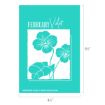 A turquoise graphic featuring the word "FEBRUARY Violet" above a white outline of violet flowers and leaves, framed by a white rectangle. Dimensions are 6½" by 4½".