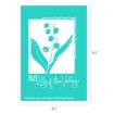 Turquoise graphic featuring a white illustration of lily of the valley flowers, the words "MAY: Lily of the Valley" in script, and dimensions 6½" x 4½". Text at the bottom reads, "A25201415 Lily Of The Valley © 2025 Chalk Couture.