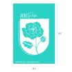 A teal rectangular graphic features a white rose illustration with leaves, labeled “JUNE Rose” at the top. The dimensions, 6½” tall by 4½” wide, are shown alongside. Text at the bottom reads “A2520416 Rose © 2025 Chalk Couture.”.