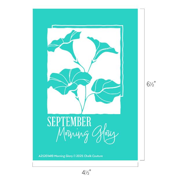 Teal rectangles featuring an illustrated morning glory flower, with the text: "September Morning Glory." Dimensions are 6½ inches tall by 4½ inches wide.