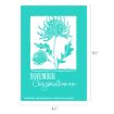 Teal card featuring a white line drawing of a chrysanthemum flower with "NOVEMBER Chrysanthemum" written below, and dimensions labeled as 6½ inches by 4½ inches.