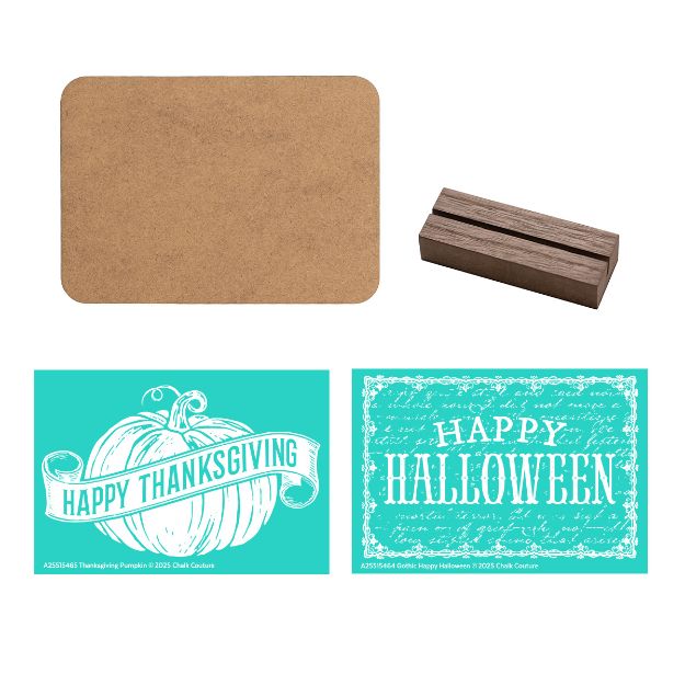A wooden sign holder, a rectangular brown board, and two decorative cards—one with a white pumpkin and "Happy Thanksgiving" text, the other with ornate "Happy Halloween" text on a teal background.