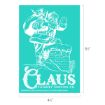 Illustration of Santa Claus with a bag climbing into a chimney, labeled “CLAUS CHIMNEY SERVICE CO.” on a teal background. Below, there is copyright text and product details. Dimensions are shown as 6½” by 4½”.